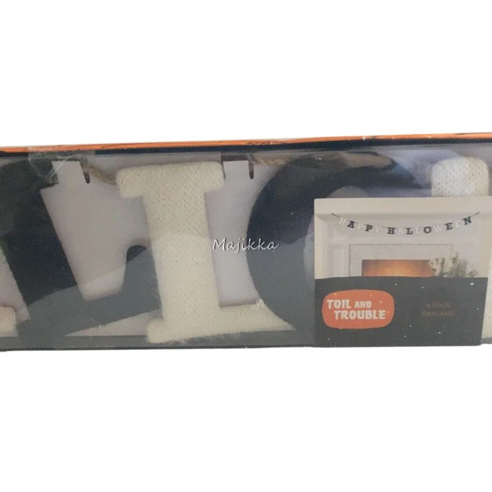 Toil & Trouble Halloween Banner 6' Long Knitted Garland New Black White Spooky